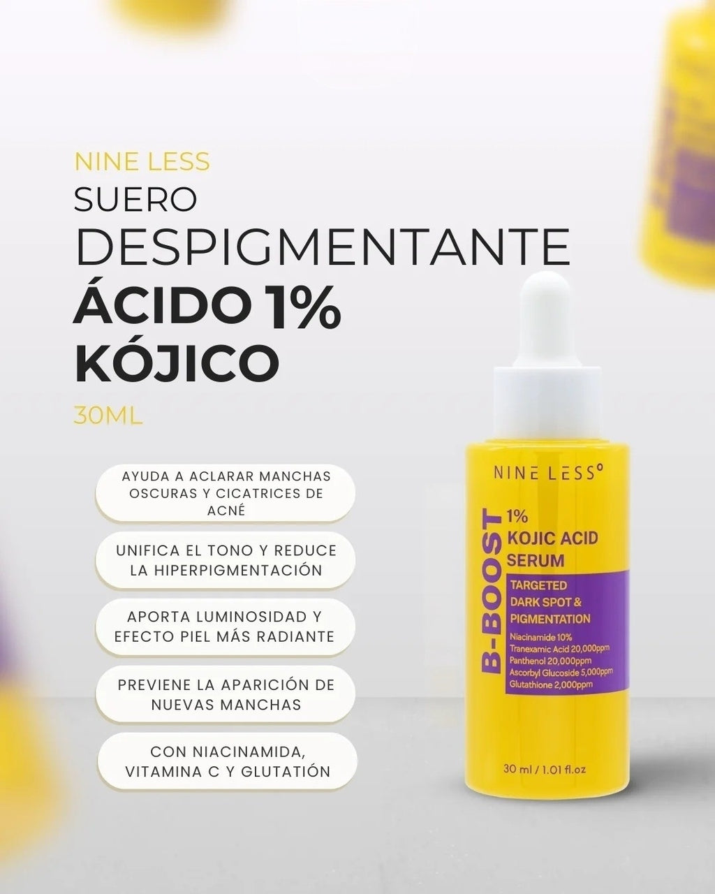 Nineless B-Boost Suero con ácido kójico 1% para manchas · 30 ml